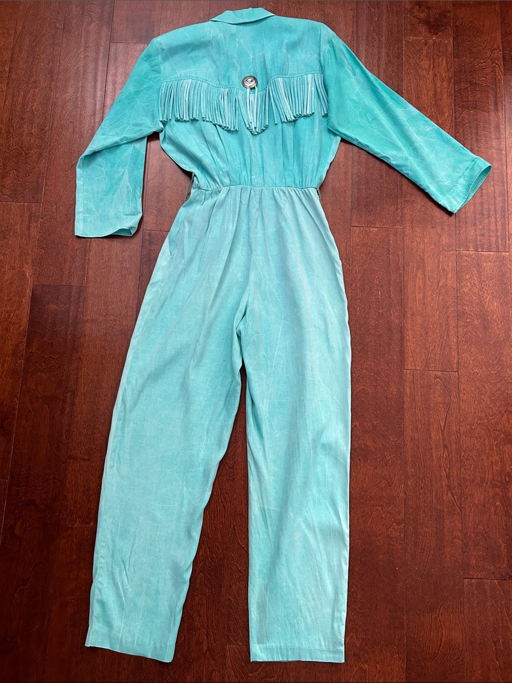 Vintage 80s Rabbit Rabbit Rabbit Turquoise Jumpsuit with Fringe & Conchos, Small - Picture 12 of 16